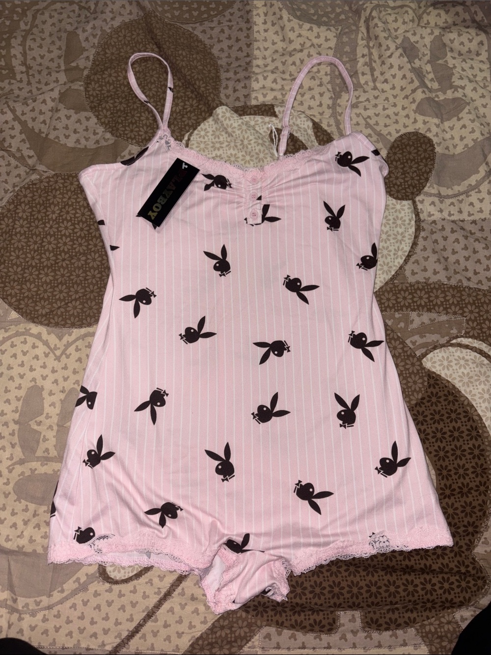 Playful Bunny Pink Lace-Trim Sleep Romper